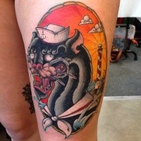 Neo japanese style colored thigh tattoo of black panther sailor