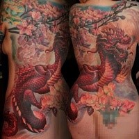 Neo japanese style colored whole back tattoo of big dragon with flowers and blooming tree