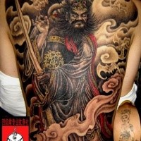 Neo japanese style colored whole back tattoo of demonic warrior with sword and fog