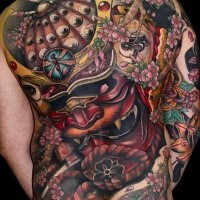 Neo japanese style colored whole back tattoo of samurai mask with flowers