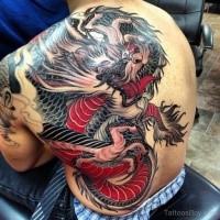 Neo japanese style colored whole back tattoo of big dragon