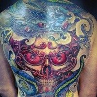 Neo japanese style colored whole back tattoo of demonic mask and big fantasy dragon