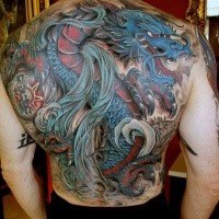 Neo japanese style colored whole back tattoo of big evil dragon and symbols