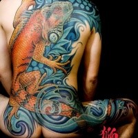 Neo Japanese style large colorful whole body tattoo of realistic looking lizard and waves