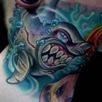 Neo traditional colored evil alien shark tattoo