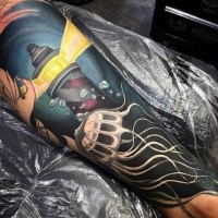 Neo traditional colored leg tattoo of underwater lighthouse and jellyfish