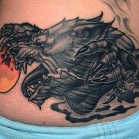 Neo traditional colored waist tattoo of dark werewolf