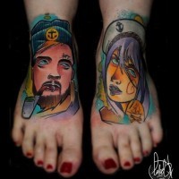 Neo traditional sailor tattoo on feet by Lehel Nyest