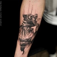 Neo traditional style black ink forearm tattoo of roaring bear