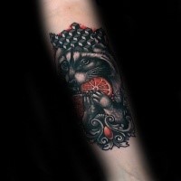 Neo traditional style colored arm tattoo of raccoon with ornaments