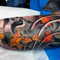 Neo traditional style colored arm tattoo of raccoon with mushrooms and feather