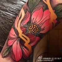 Neo traditional style colored arm tattoo of big flower with steam