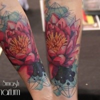 Neo traditional style colored arm tattoo of big flower