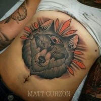 Neo traditional style colored belly tattoo of mystical wolf with third eye