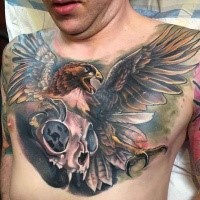 Neo traditional style colored chest tattoo of eagle with cat skull