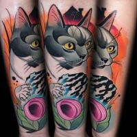 Neo traditional style colored forearm tattoo of sweet cat with flower