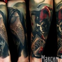 Neo traditional style colored forearm tattoo of mystical human with bird shaped mask and clown