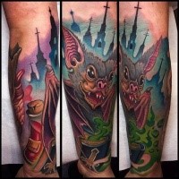 Neo traditional style colored forearm tattoo of creepy bat with night city