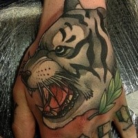 Neo traditional style colored hand tattoo of white tiger