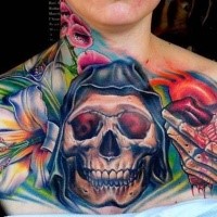 Neo traditional style colored human skull combined with flowers tattoo on chest