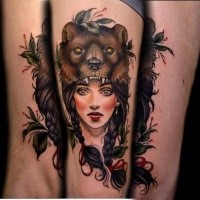 Neo traditional style colored leg tattoo of mystic woman win bear helmet
