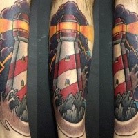 Neo traditional style colored leg tattoo of lighthouse and lightning