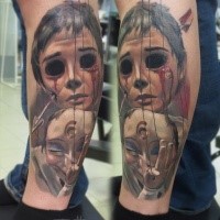 Neo traditional style colored leg tattoo of horror boy with arrow and mask