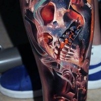 Neo traditional style colored leg tattoo of steamy skull and pistol