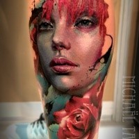 Neo traditional style colored leg tattoo of beautiful woman with rose