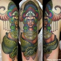 Neo traditional style colored mystical god like woman tattoo on shoulder stylized with snake
