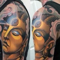 Neo traditional style colored mystical statue tattoo on shoulder