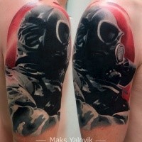 Neo traditional style colored shoulder tattoo with soldier with gas mask