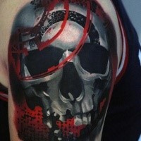 Neo traditional style colored shoulder tattoo fo human skull with ornaments