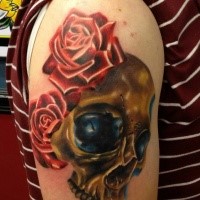 Neo traditional style colored shoulder tattoo of golden skull with red roses