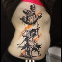 Neo traditional style colored side tattoo fo impressive looking puppet