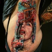 Neo traditional style colored side tattoo of bloody woman vampire with glass