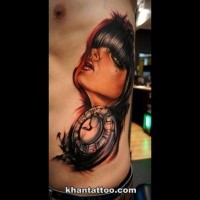 Neo traditional style colored side tattoo of seductive woman with clock
