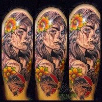 Neo traditional style colored tattoo of woman face with flowers and bird