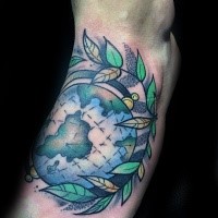 Neo traditional style colored tattoo of globe with leaves
