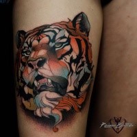 Neo traditional style colored thigh tattoo of lion face