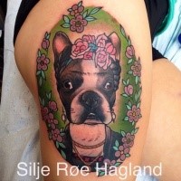 Neo traditional style colored thigh tattoo of female dog with flowers