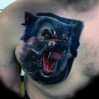 Neo traditional style detailed accurate painted chest tattoo of evil demonic wolf