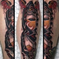 New school colored leg tattoo of dark sand clock