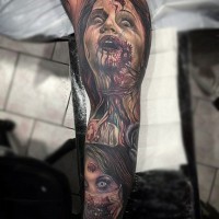New school colored sleeve tattoo of terrifying zombie nurses