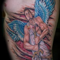 scuola nuova angelo colorato con spada tatuaggio