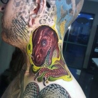 New school illustrative colored neck tattoo of demonic dinosaur