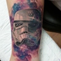 New school illustrative style colored arm tattoo of Storm troopers helmet