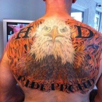 New school illustrative style colored back tattoo of eagle in flames with lettering