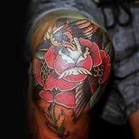 Neue Schule illustrativer Stil farbiges Knie Tattoo von Rose mit Adler