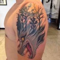 New school illustrative style demonic wolf with forest tattoo on shoulder